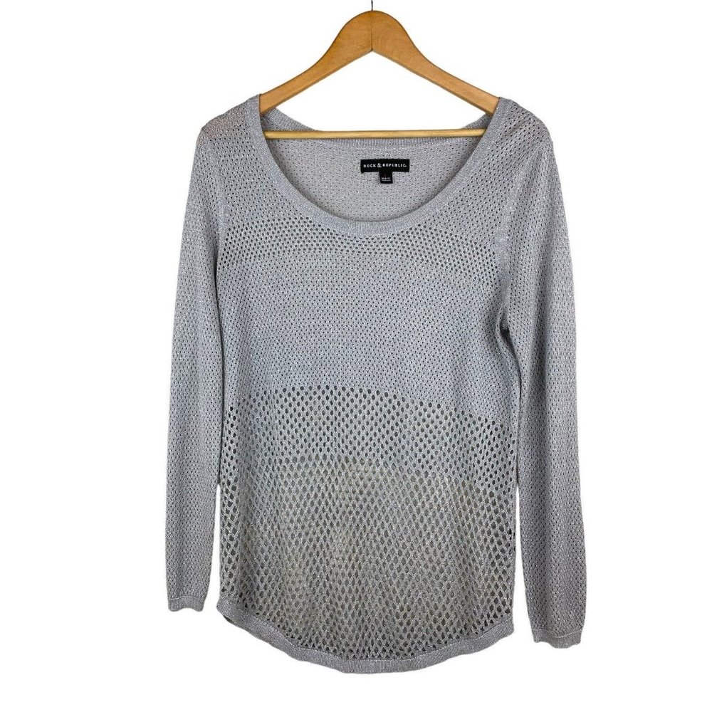 SOLD Rock And Republic Mesh Tunic Top Women Size Large Silver Sparkly Long Slvs